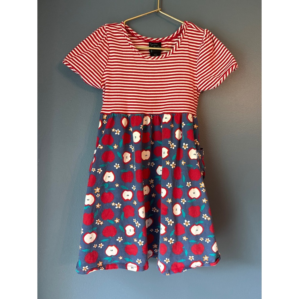 Cynthia Rowley Girls Red White Striped Apple Print‎ Pocket Dress Size 7